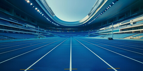The symmetry of a blue running track encircling a stadium, capturing the essence of speed and competition.
