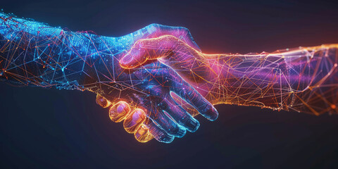 An abstract handshake, glowing lines connecting hands, symbolizing digital partnership and connectivity. - obrazy, fototapety, plakaty