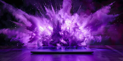 A dynamic explosion of purple digital art emanating from a laptop screen, symbolizing creative power.