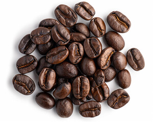 A pile of coffee beans isolated on white background. Close-up Shot.