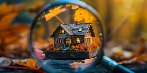 Miniature house in an autumn setting, viewed through a magnifying glass, highlighting real estate opportunities.