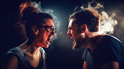 Angry young woman and man screaming at each other, dark background with smoke - obrazy, fototapety, plakaty