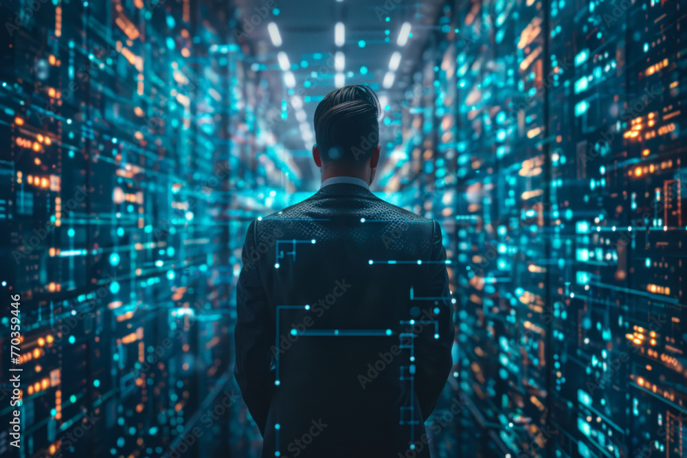Poster man in data center with digital overlay.
