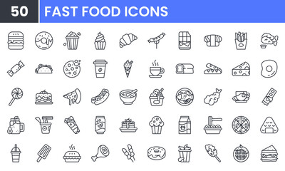 Fast food vector line icon set. Contain linear outline icons like Burger, Donuts, Popcorn, Bakery, Cupcake, Croissant, Ice Cream, Candy, Lollipop, Cake, Sandwich, Pizza, Taco. Editable use and stroke.