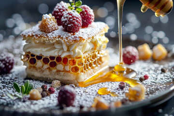 Elegant Dessert with Honey and Berries.