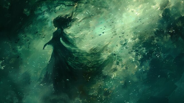 Ethereal witch floating in an enchanted forest spirits emitting a magic green glow.