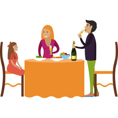 Happy family at festive dining table vector icon isolated on white