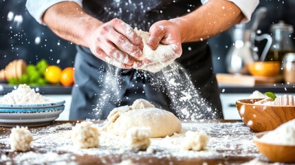 Chefs hands sprinkling flour onto a wooden table as part of food preparation