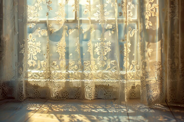 Warm Sunlight Through Elegant Lace Curtains.