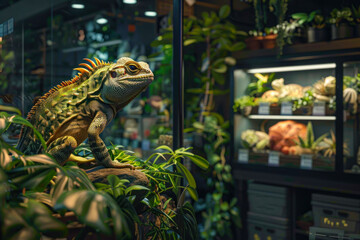 Iguana Perched in Lush Plant Shop.