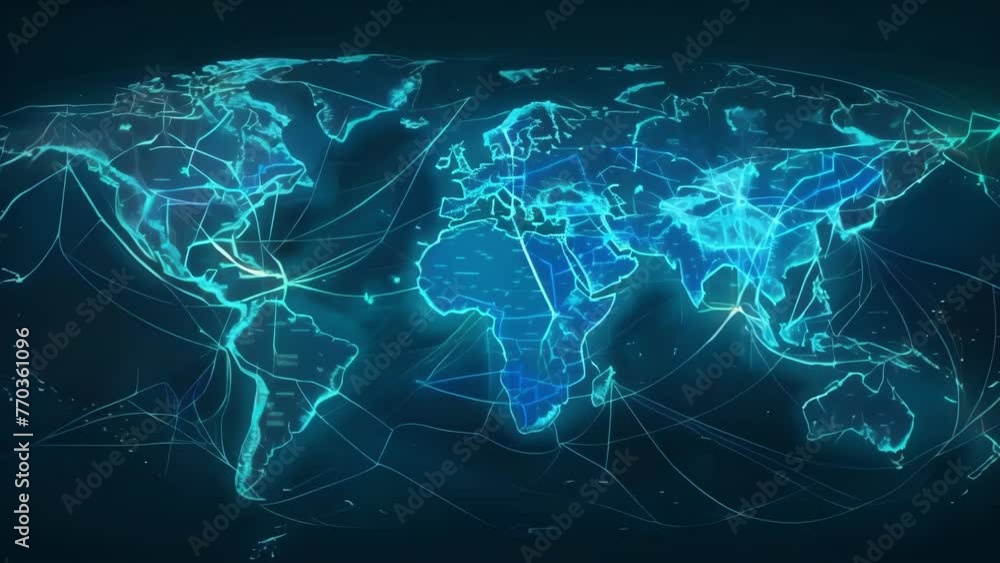 Poster an interactive map of the world with blue lights highlighting different regions, depicting a modern 