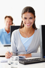 Portrait, business secretary and happy woman writing notes in creative startup office at desk for coworking. Face, smile and professional receptionist with book, entrepreneur or employee by computer