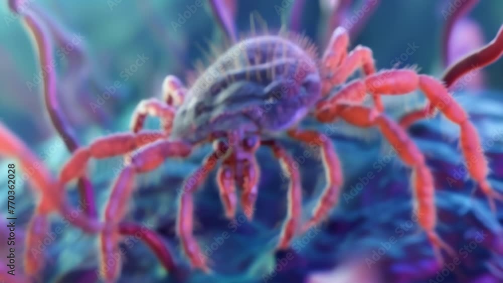 Poster a 3d reconstruction of a tick attached to a cell showing the parasitic mitelike structures on its mo