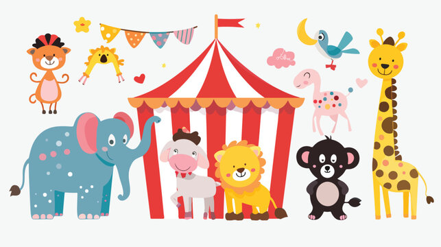 Cartoon animal circus with circus tent Flat vector 