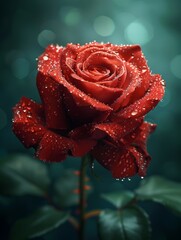 Stunning red rose captured in delicate detail with glistening water droplets adorning its lush petals creating a sense of freshness