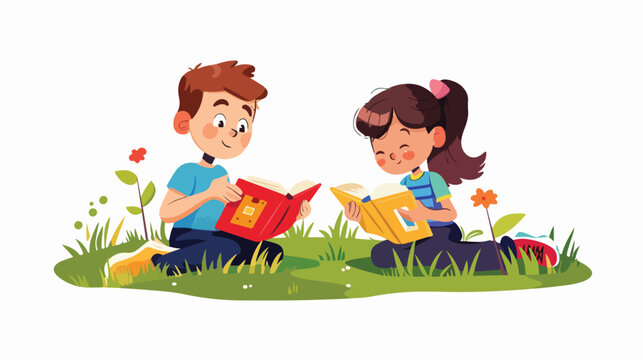 Cartoon boy and girl reading books on the grass Flat