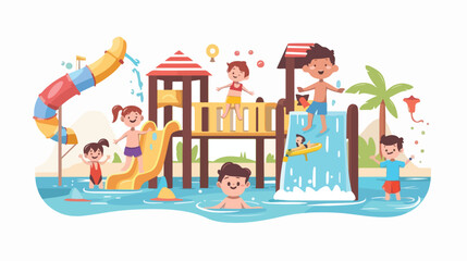 Cartoon Children playing in water park Flat vector 