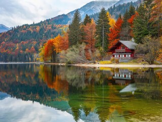 Fototapeta premium A vibrant scene of an alpine house by a clear lake surrounded by trees in full fall foliage reflecting on water