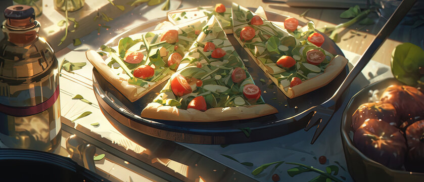 a pizza with tomatoes and cucumbers on a table