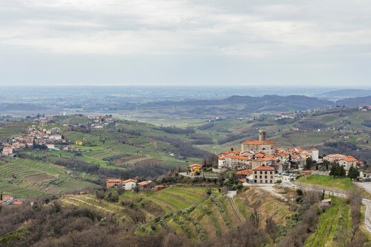 Panoramic view of the Collio hills, Cormons, between Gorizia and Nova Gorica. European Capital of Culture 2025. Typical local products vineyards and wines. Gonjače Tower places to visit and tradition