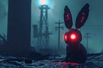 A neonrendered bunny with glowing eyes in a desolate wasteland , 8K resolution - obrazy, fototapety, plakaty