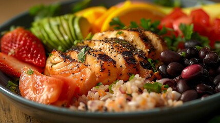 Closeup of a vibrant plate with fruits, veggies, whole grains, lean proteins, warm lighting, DSLR,...