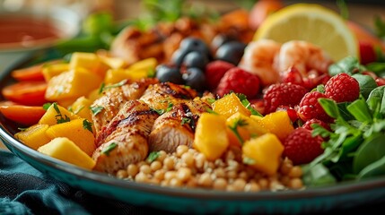 Closeup of a vibrant plate with fruits, veggies, whole grains, lean proteins, warm lighting, DSLR, realism