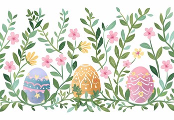 Easter seamless pattern with eggs, flowers and leaves. Easter celebration concept