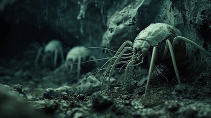 Dust mites thriving in a dark corner, moody lighting, ominous vibe, low angle shot