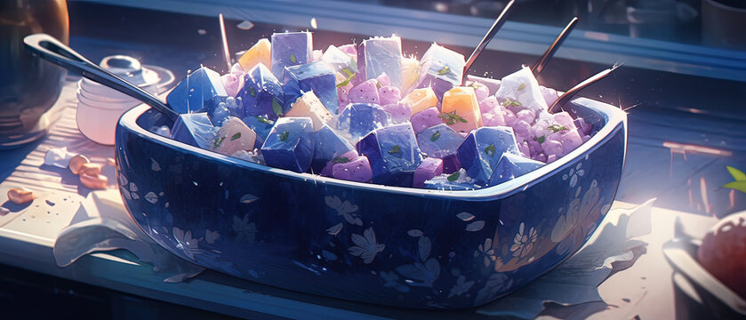 a bowl of colorful ice cubes with toothpicks in it