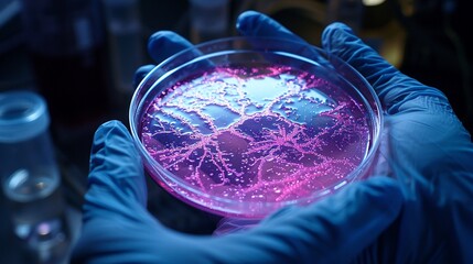 Petri dish, tiny cancerderived organoids, shadow play, clinical cold light, sharp focus