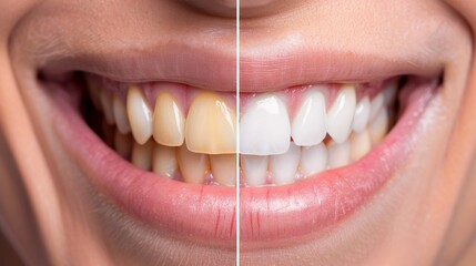 Woman, prewhitening teeth, muted colors, straight angle, white space  Bright white teeth after, vivid contrast