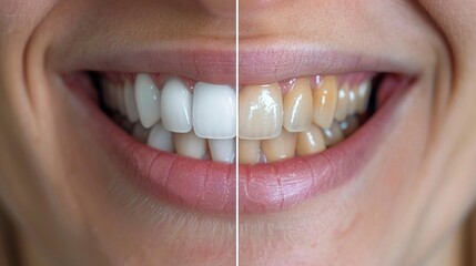 Womans dental state before whitening, soft glow, straight view, white  After, stark whiteness, high resolution