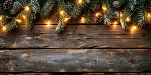 Horizontally seamless Christmas decoration of fir branches with christmast lights on rustic wooden...