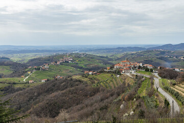 Panoramic view of the Collio hills, Cormons, between Gorizia and Nova Gorica. European Capital of Culture 2025. Typical local products vineyards and wines. Gonjače Tower places to visit and tradition - obrazy, fototapety, plakaty