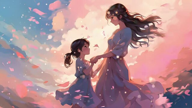 silhouette of a mom and daughter who will hug on a soft pastel pink background with particle animation and copy space area, impressionist video style. Suitable for Happy Mother's Day etc.