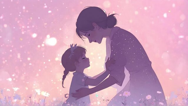 silhouette of a mom and daughter who will hug on a soft pastel pink background with particle animation and copy space area, cartoon anime video. Suitable for Happy Mothers Day etc.