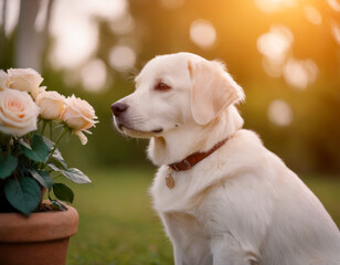A white dog smells white roses in the backyard.