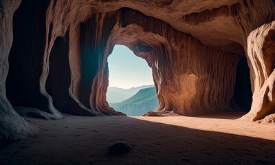The sun's rays penetrate inside a beautiful fairy-tale cave. - obrazy, fototapety, plakaty