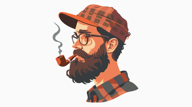Hipster with pipe hand drawn style portrait of bearded