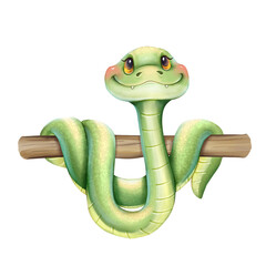 Cute Serpent Charm. Green Snake Illustration. - 770365032