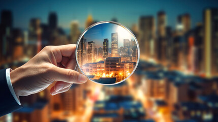 Businessman Realtor Inspecting City With a Magnifying Glass