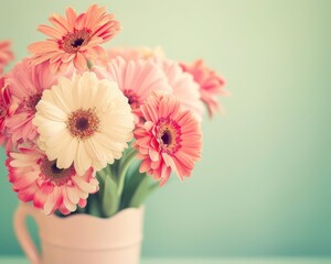 Charming bouquet of pink gerbera daisies placed in a pale pink vase on a muted background