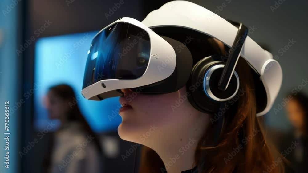 Poster A virtual reality headset with tingedge motion tracking capabilities allowing users to fully immerse themselves in a digital world. . .