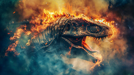 A massive, roaring dinosaur releasing flames from its open mouth
