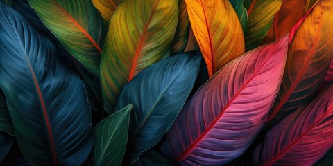 leaves of Spathiphyllum cannifolium, abstract colorful texture, nature background. top view