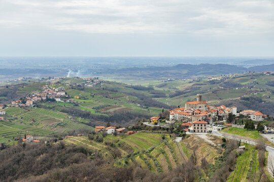 Panoramic view of the Collio hills, Cormons, between Gorizia and Nova Gorica. European Capital of Culture 2025. Typical local products vineyards and wines. Gonjače Tower places to visit and tradition