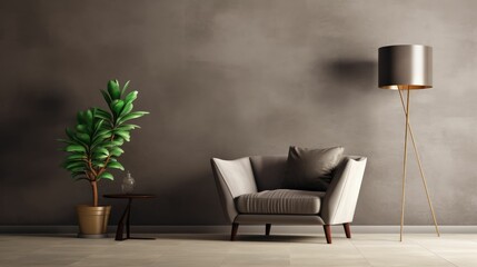 Living room interior with velvet sofa, armchair, floor lamp and plant on warm - obrazy, fototapety, plakaty