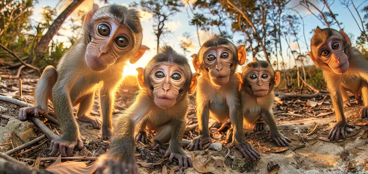 Three monkeys standing on a beach with the sun setting in the background