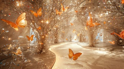 Butterflies fluttering above a forest path in a picturesque natural landscape